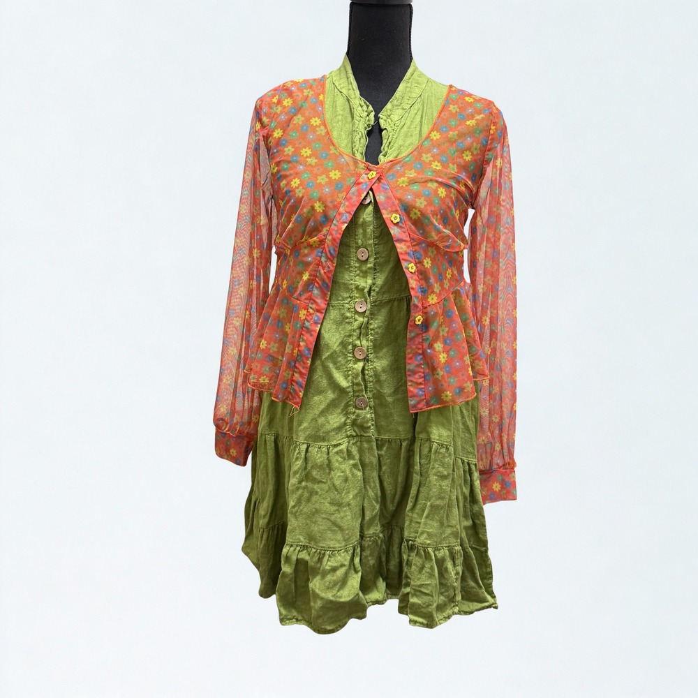 Italian 100% Linen Dress with Sheer Floral‎ Overlay Cottagecore / Fairycore